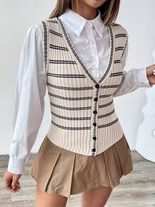 Flirla 女士休闲条纹前扣 V 领针织毛衣背心，适合秋冬季日常穿着 - 杏色 - 查看 3