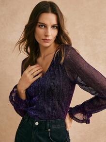 Poéselle Flounce Sleeve Glitter Top Party Item