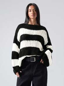LYSMO Suéter oversize de cuello redondo con rayas, adecuado para otoño e invierno - Blanco y Negro - Ver 3