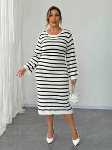 Calvaya Plus Size Black & White Striped Lace-Up Backless Sweater Dress, Fashionable For Party, Autumn/Winter - Black and White - View 5