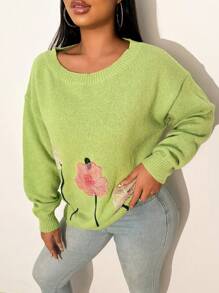 Zolique Women's Floral Pattern Round Neck Drop Shoulder Sweater, Autumn Knit Pullover Fall Winter Outfit - Lime Green - View 5