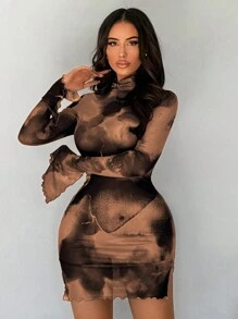 SHEIN SXY Vestido de manga larga para damas con falda de malla transparente estampado en degradado de verde y negro, de otoño - Café - Ver 5