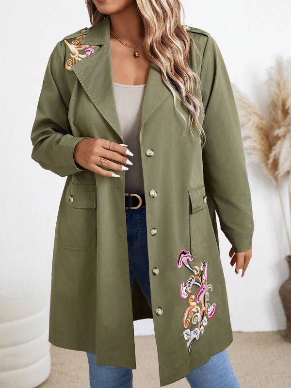 Trench-coat à boutons avec broderie florale minimaliste et , convenant aux activités extérieures casual pour grandes tailles