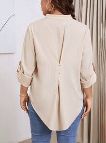 SHEIN LUNE Plus Size Women Casual Asymmetrical Hemline Notched Neck Button Decorated Texture Stripe Vacation Blouse, Autumn Thanksgiving Outfit Holiday Outfit