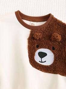 Cozy Pixies 2 件装男婴卡通熊图案拼色插肩圆领套头衫和慢跑裤套装 - 咖啡棕 - 查看 4