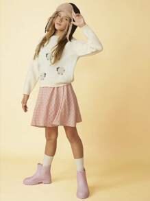 SHEIN Tween Girls 可爱绵羊图案圆领插肩袖长袖休闲毛衣，白色，适合秋冬季 - 米色 - 查看 4