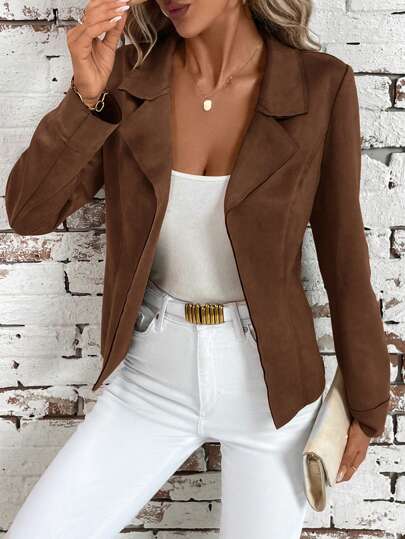 SHEIN Clasi 1pc Women Elegant Lapel Waistline Faux Suede Jacket In Fall/Winter