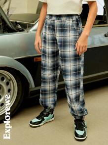 SHEIN Tween Boy Casual Graphic Number Print Plaid Jogger Pants - Dusty Blue - View 11