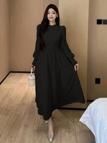 DAZY 女士加厚保暖内衬蕾丝边长款白色连衣裙，秋季连衣裙，保暖内衬 - 黑色 - 查看 3