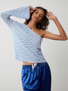 Flirla 1pc Women Blue Stripe Asymmetric One Shoulder Top, Minimalist Design, Autumn/Winter