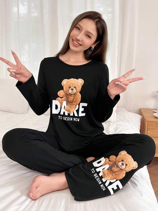 Dream Adore Cute Bear Letter Print Pullover Long Sleeve & Pants Women Pajama Set