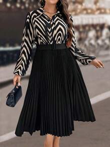SHEIN Clasi Vestido maxi de mujer de talla grande, elegante, con cuello, patchwork, plisado y estampado - Multicolor - Ver 6
