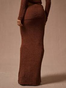 MUSERA Foldover Waist Knit Maxi Skirt Elegant Vacation Cute Sexy 90's Fall Winter - Coffee Brown - View 4