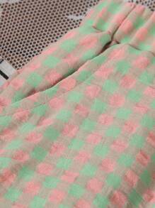 SHEIN 2 件套可爱卡通熊印花短袖上衣和格子长裤，年轻女孩休闲夏季服装 - 綠色 - 查看 7