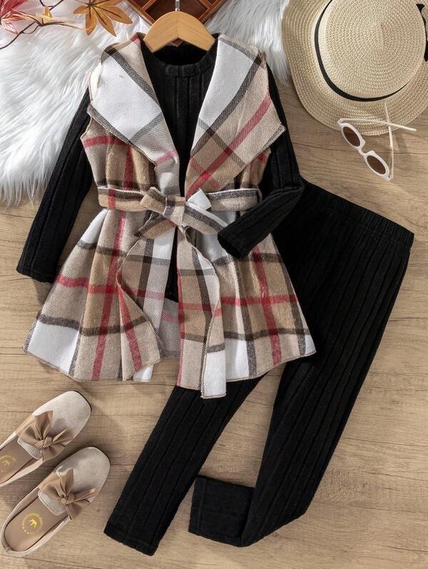 SHEIN Vintaside Kids 3pcs/Set Young Girls Plaid Print Lapel Waist Belt Vest Jacket, Ribbed Long Sleeve T-Shirt, And Leggings Outfit