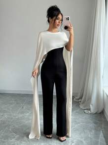 Rafferiza Elegant Fashion 2 In 1 Cape Jumpsuit, Rib Knit Patchwork, Round Neck With Back Slit, Apricot & Black Colorblock, Suitable For Autumn/Winter - Multicolor - View 1
