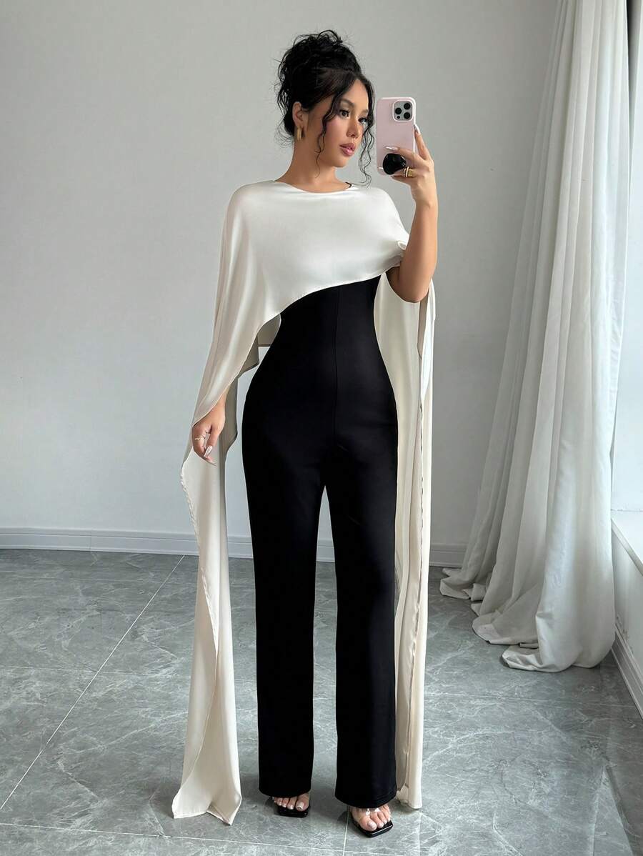 Rafferiza Elegant Fashion 2 In 1 Cape Jumpsuit, Rib Knit Patchwork, Round Neck With Back Slit, Apricot & Black Colorblock, Suitable For Autumn/Winter - Multicolor - View 1