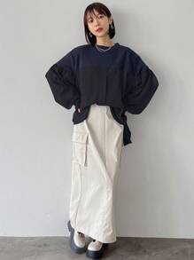 FRIFUL Áo thun nữ vải chắp vá rộng rãi viền cong màu tương phản - Màu xanh hải quân - Xem 4