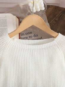 SHEIN 1 件 Tween 女童休闲圆领长袖镂空蝴蝶结毛衣，秋冬 - 白色 - 查看 4