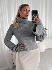 SHEIN Unity Women Plain High Neck Long Sleeve Tie Front Simple Casual Sweater, For Everyday Wear, Knit Pullover Fall Winter - Grey - View 1