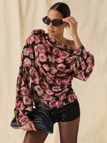 COSMINA Romantic Flower Print Off-Shoulder Shirt, Women's Shirt, Rose Decorated Shirt,Women's Autumn Casual Elegant Floral Print Asymmetric Collar Lantern Sleeve Shirt - Multicolor - View 4