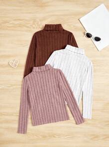 Set da 3 magliette a maniche lunghe, aderenti, a girocollo, casual, di colore unito, per ragazze pre-adolescenti