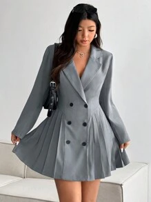 Flirla Robe tailleur plissée grise grande taille, robe blazer élégante pour le bureau - Gris - Voir 7