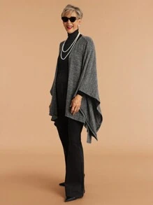 SHEIN LUNE Women's Solid Color Elegant Asymmetric Hem Casual/Work Poncho Coat - Grey - View 5