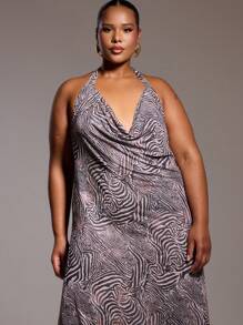 MUSERA 大码雪纺斑马纹垂褶露背系带长裙，适合外出、性感、夜店、派对、约会、度假、锐舞派对、音乐会、节日等场合，飘逸百搭，新年必备。 - 彩色 - 查看 5