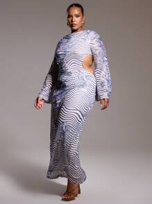MUSERA Plus Size Abstract Print Cut Out Side Long Sleeve Maxi Dress Outfit For Going Out, Sexy, Club, Party, Date Night, Vacation, Holiday, Rave, Concert, Ibiza, Festival