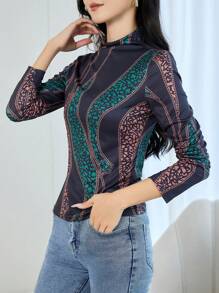 SHEIN LUNE 女士立领全印花优雅长袖 T 恤 - 彩色 - 查看 5