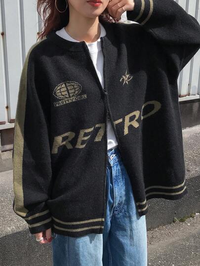 FRIFUL Cárdigan holgado de punto con cremallera, gráfico de letra de dos tonos, casual y sencillo para uso diario, manga larga, para mujer, otoño/invierno, ropa de mujer para otoño