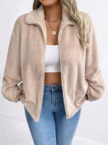 SHEIN LUNE 大码纯色前拉链长袖夹克，日常休闲