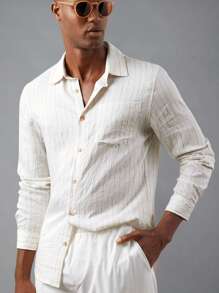 Manfinity VCAY 男士编织条纹翻领长袖休闲衬衫，适合秋季 - 白色 - 查看 2