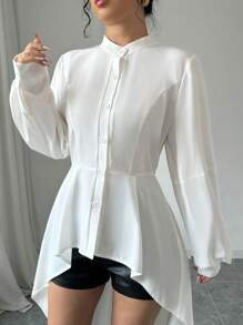 Elenzga High Low Stand Collar Open Front A-Line Ruffled Puff Sleeve Long Shirt