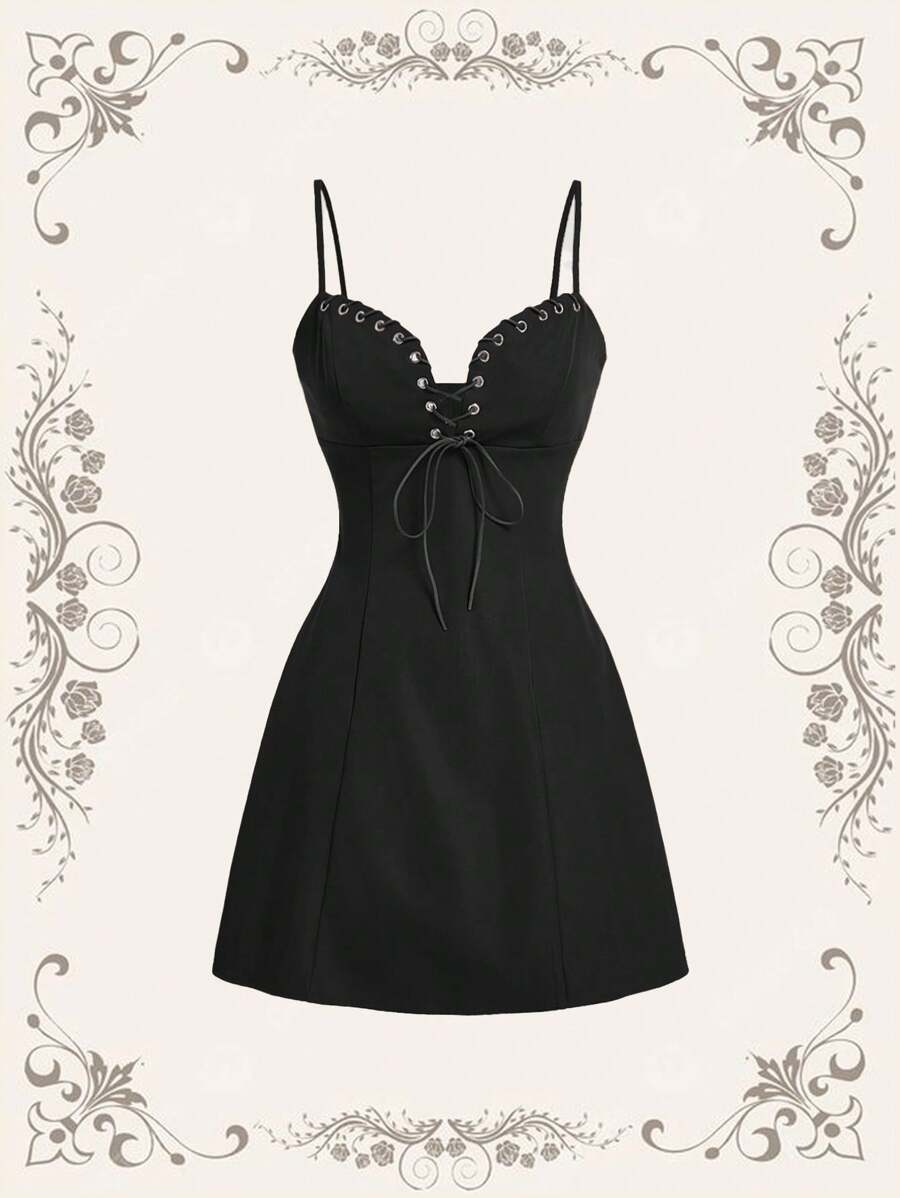 SHEIN MOD Váy cổ điển buộc dây kim loại màu đen cỡ lớn thập niên 70, Váy đi học, Váy đi chơi, Váy phong cách phương Tây, Cho mùa hè - màu đen - Xem 1