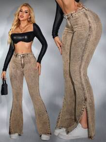 SHEIN SXY Vaqueros ajustados con pierna acampanada, con dobladillo deshilachado y rasgado, a la moda