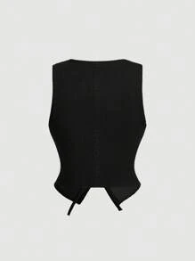 SHEIN MOD MOD 女式 70 年代休闲修身牛仔背心，带系带，蝴蝶结，女式背心，蓝色