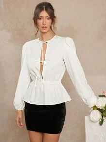 L'Amorae 1pc Solid Color Tie Front Ruffle Hem Elegant Long Sleeve Blouse - White - View 3