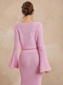 L'Amorae Solid Single Button Front Flare Sleeve Crop Cardigan - Dusty Pink - View 4