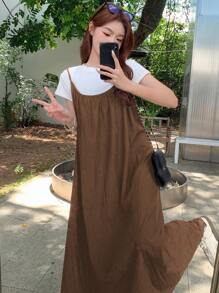 DAZY 女士简约系带休闲连衣裙，适合户外旅行 - 駝色 - 查看 4