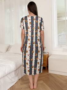 Dream Adore Cute Bear Striped Print Short Sleeve T-Shirt Nightgown Babydoll For Women Holidayseason