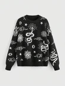 ROMWE Goth Plus Size Crew Neck Long Sleeve Pattern Detail Minimalist Pullover Sweater, Casual For Daily Wear - Black - View 1