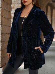 EMERY ROSE Plus Size Lapel Collar Long Sleeve Casual Jacket,Winter Coat, Autumn&Winter Women Clothes - Navy Blue - View 3