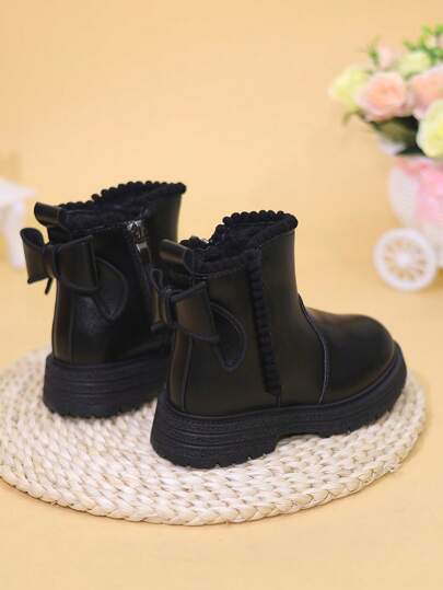 儿童女童蝴蝶结保暖内衬踝靴，适合幼儿/青少年的平底短靴，新款秋冬公主鞋