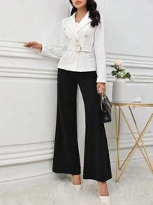 Modelyn Women Spring Autumn Solid Color Lapel Neck Long Sleeve Double-Breasted Elegant Jacket - White - View 3