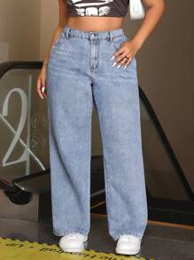 SHEIN CURVE+ Plus Size Non-Stretch Denim Straight Leg Jeans - Blue - View 1