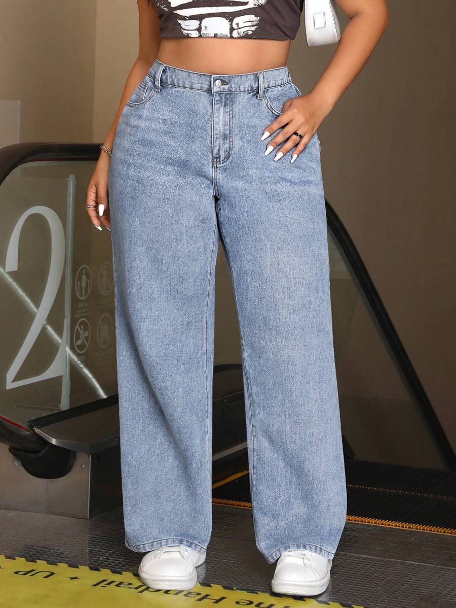 SHEIN CURVE+ Plus Size Non-Stretch Denim Straight Leg Jeans - Blue - View 1