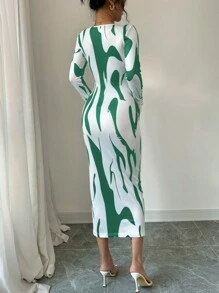 Chiquease 中长款不对称印花紧身长袖圆领连衣裙长款女装 - 綠色 - 查看 2