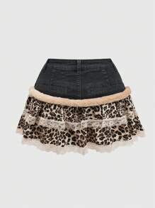 ROMWE J-Fashion Denim Gyaru Y2k Leopard Print Low-Waist Mini Skirt - Multicolor - View 4
